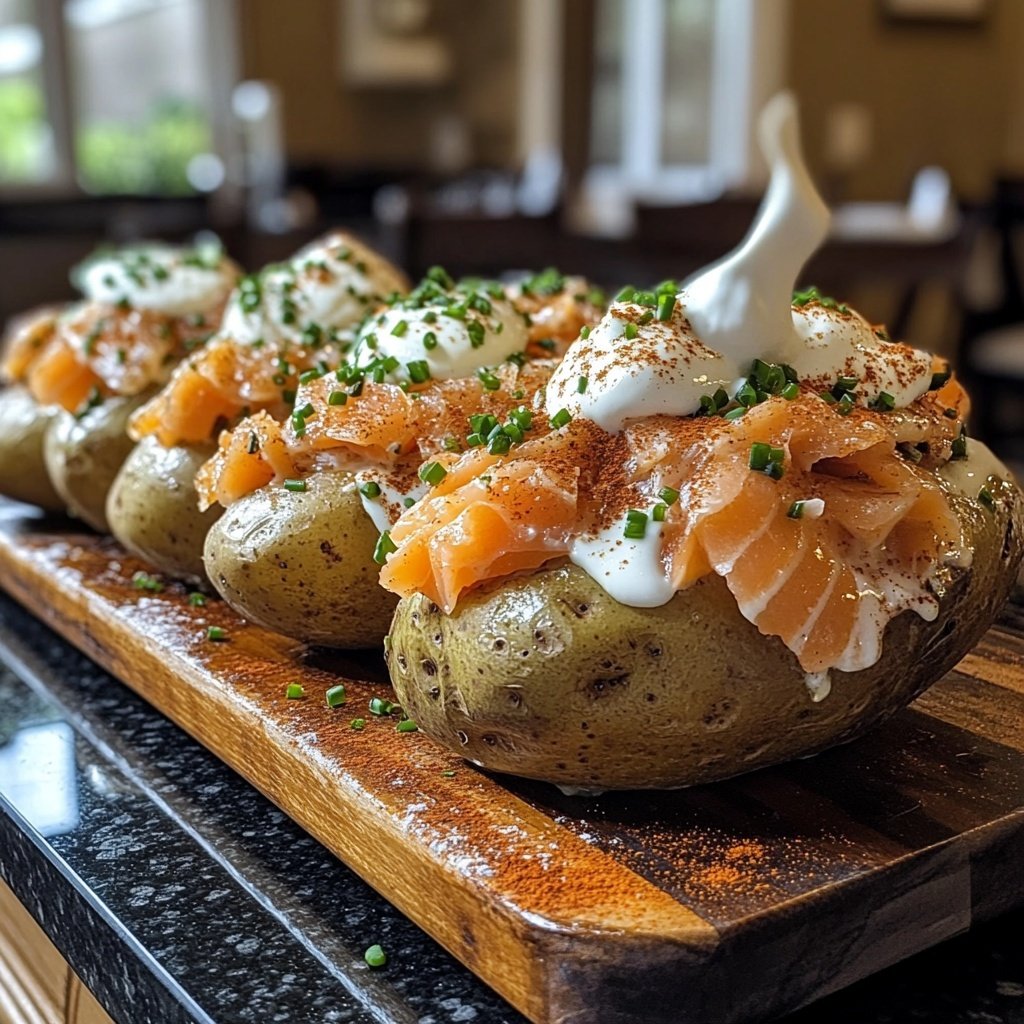 Loaded Baked Potatoes with Herb Cream and Smoked Salmon